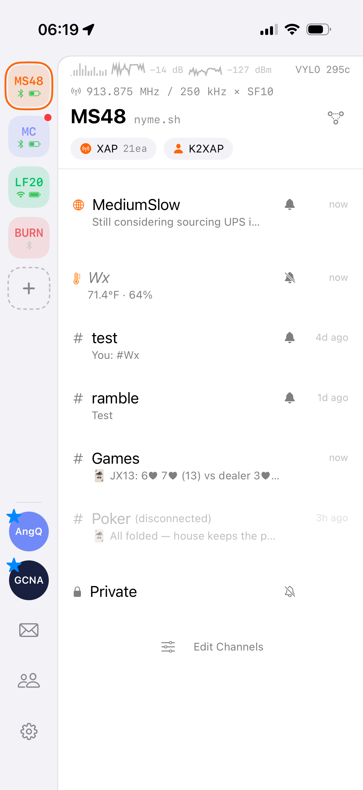 Home screen of the app showing multiple networks and DM conversations in a rail on the left, and channels listed in the middle.